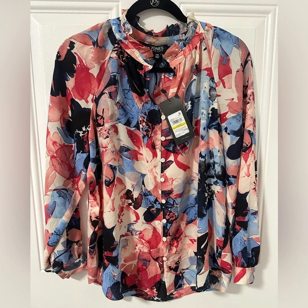 Jones New York Petite Printed Ruffled Peasant Blouse, Size PM NWT‎